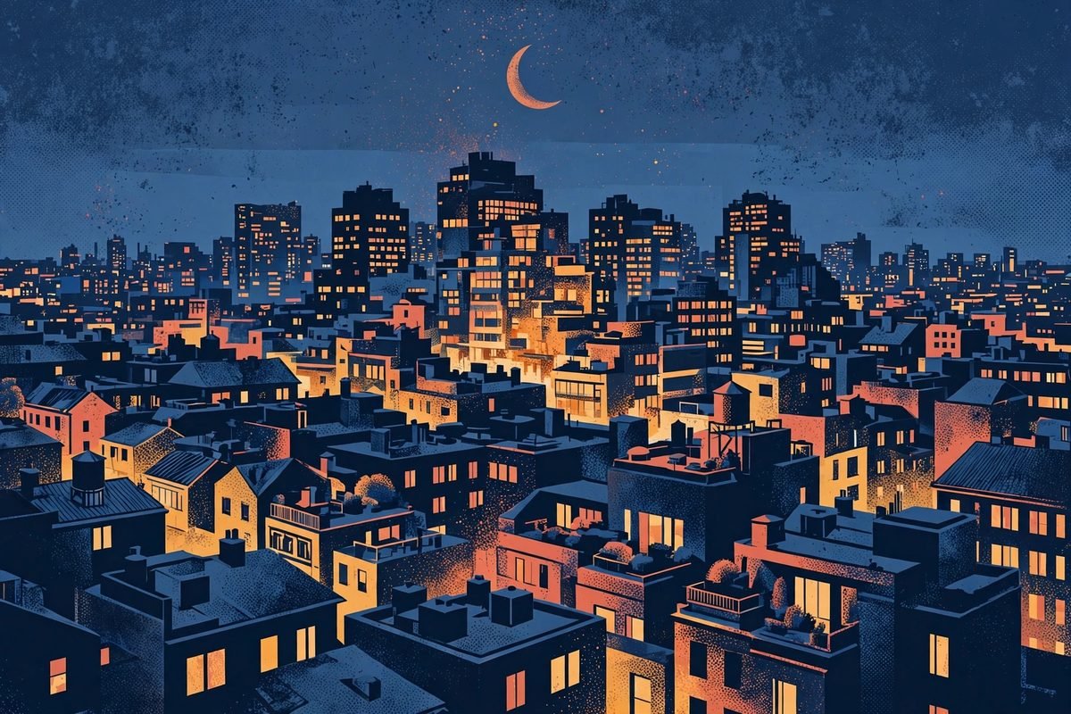 Illustrated city skyline glowing beneath a crescent moon