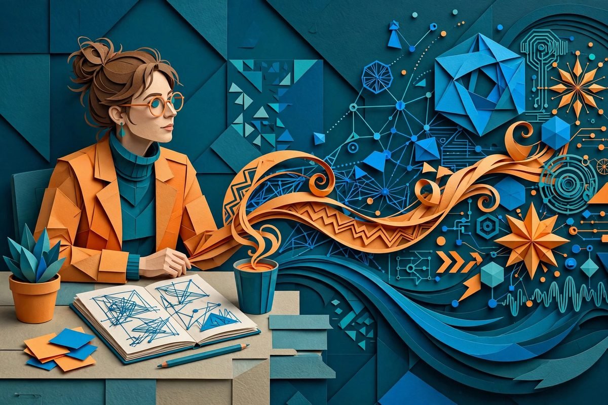 Illustration of a creative professional working with abstract AI patterns