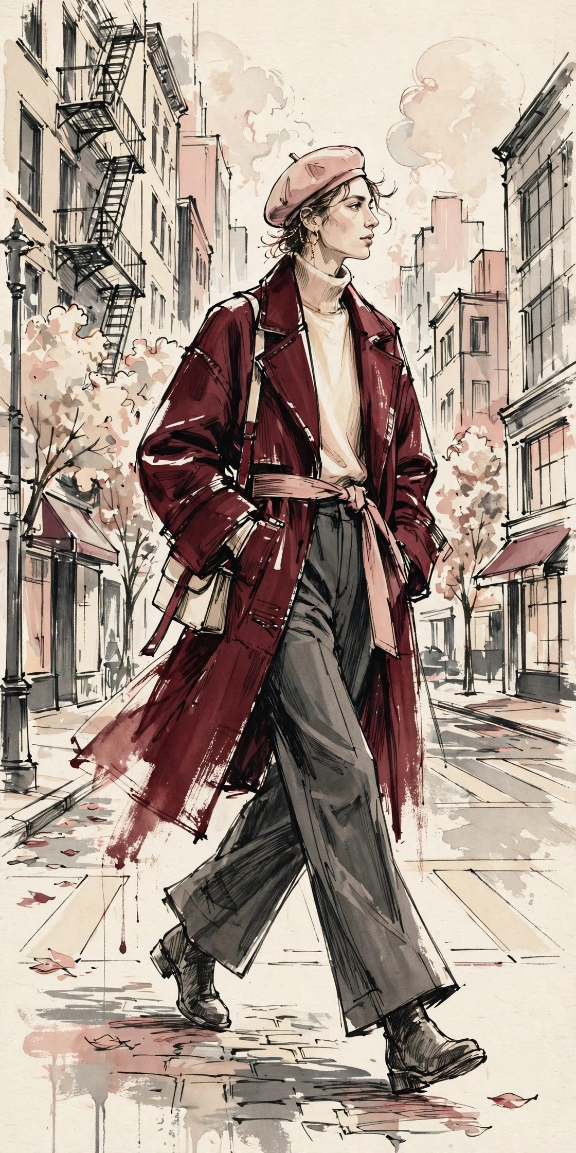 Fashion illustration of a woman walking through a city street
