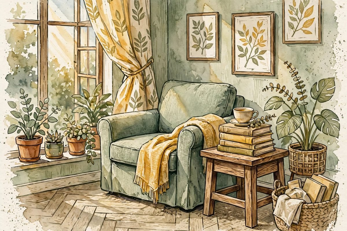 Warm illustrated reading corner with plants and books